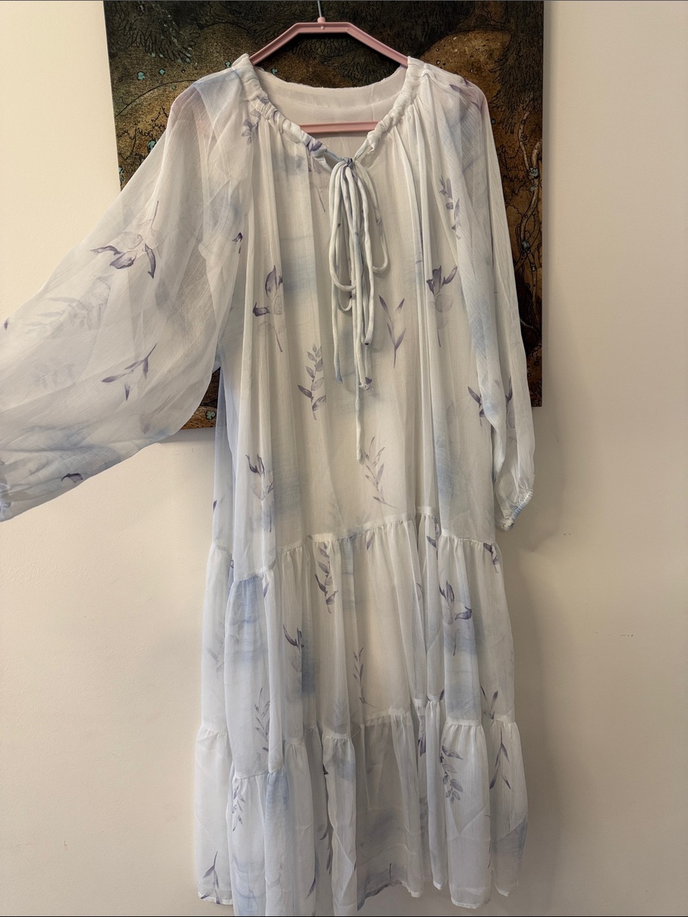 Light Blue Floral Tie-Neck Tiered  Dress